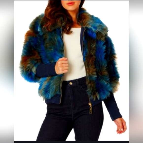 ADRIENNE LANDAU Women's Faux-Fur Multi-Color Bomber Jacket SIZE large NEW - Picture 1 of 6